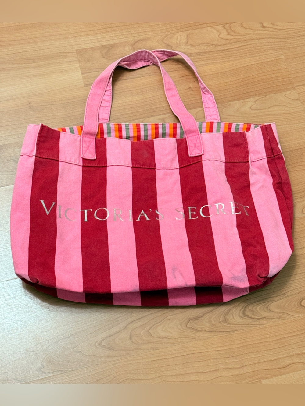Victoria's Secret Y2K Pink Striped Canvas Tote Bag
